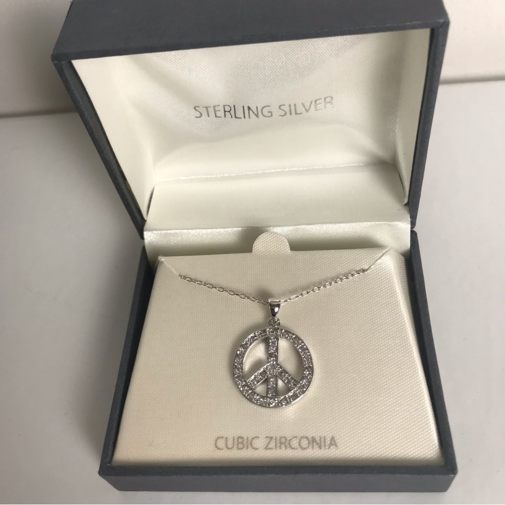 Great Gift Idea!   Peace Sign Necklace in Sterling Silver & Cubic Zirconia